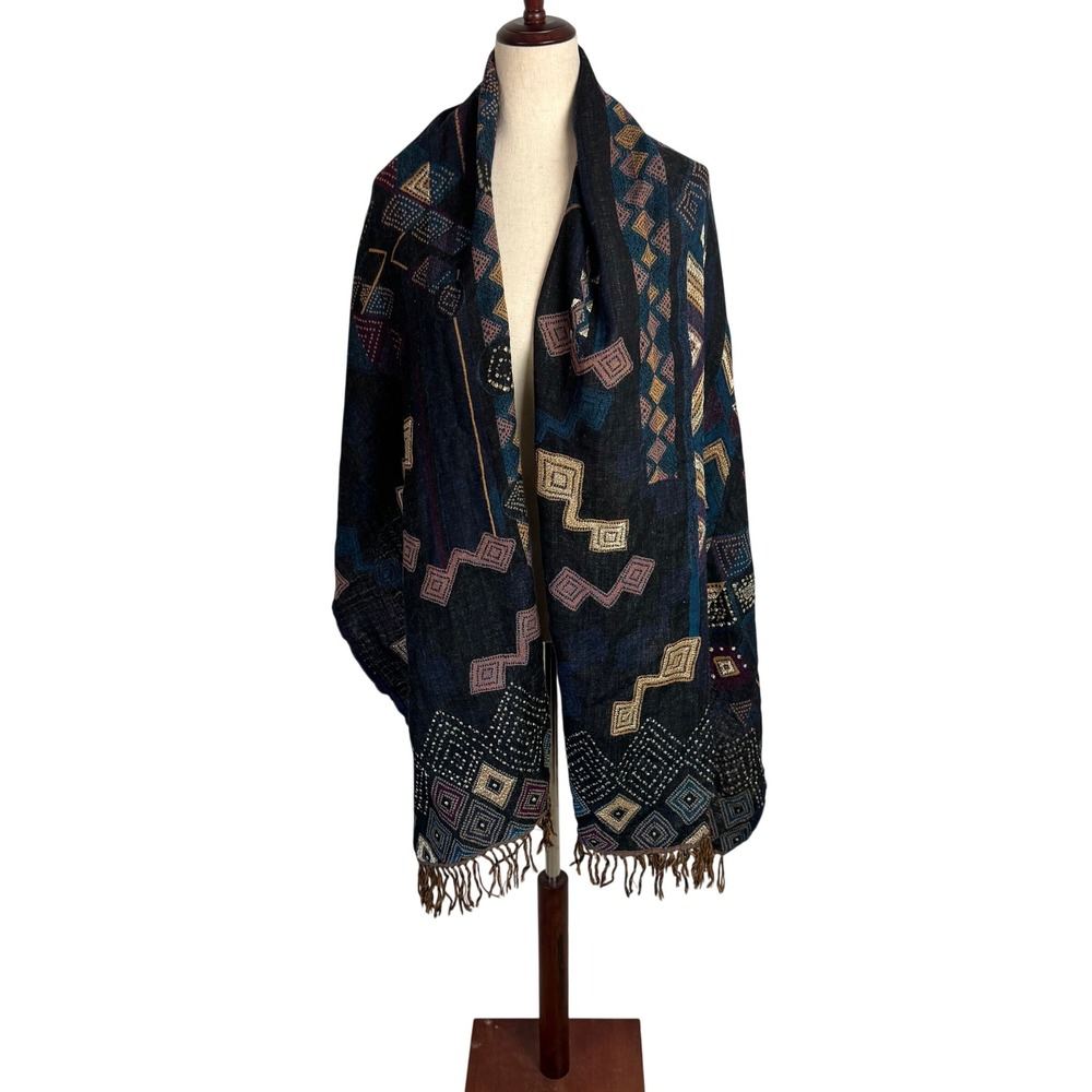Chicos 100% Wool Metallic Geometric Tribal Print Fringe Wrap Scarf Black Blue